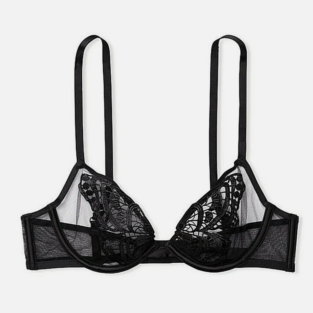 Victoria’s Secret black butterfly sheer unlined low cut Demi bra 34B 36C
